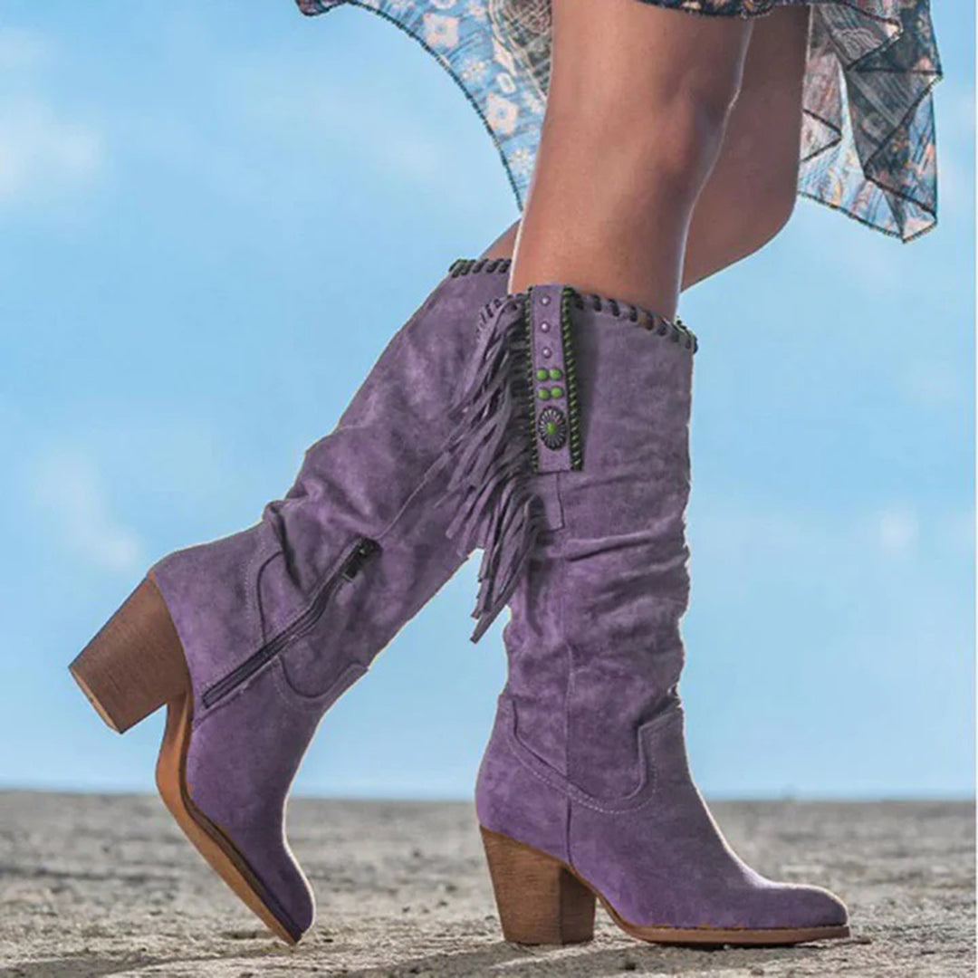 Women's Knee-High Western Boots with Fringe and Stud Details on a Block Heel