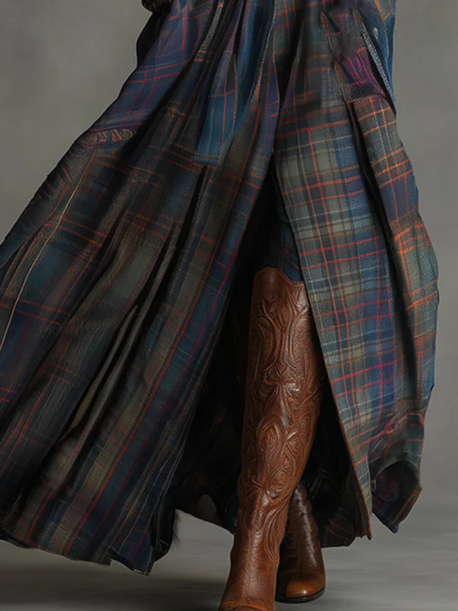 Retro Ethnic Maxi Dress in Faux Blue with Plaid Patterns (Belt Included)