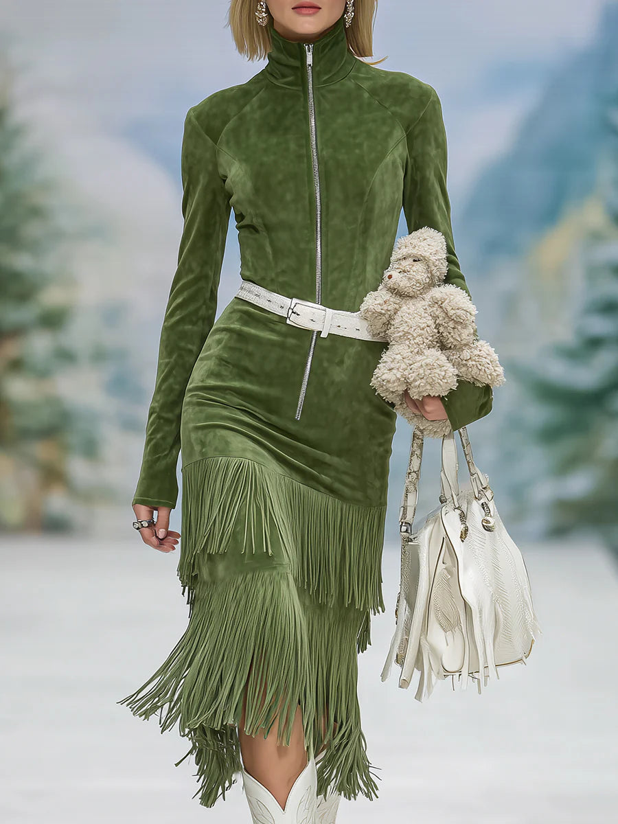 Elegant green faux suede dress with high collar, zipper, and floral detail (belt included)