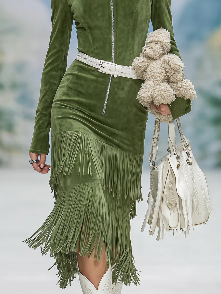 Elegant green faux suede dress with high collar, zipper, and floral detail (belt included)