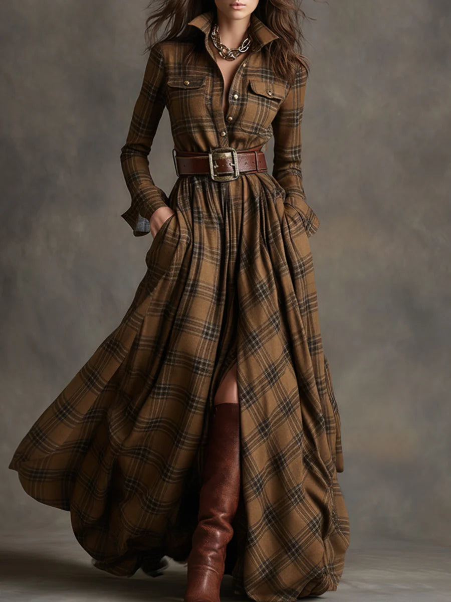 Chic Retro Reversible Reddish Brown Plaid Maxi Dress with Stylish Lapel