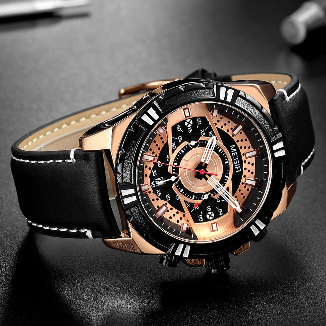 Luxury Sport Watch with Quartz Chronograph Leather for Military Spirit