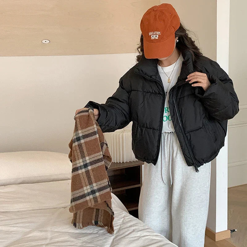 Women's Clothing - Casual Short Jacket with Stand Collar for a Trendy and Warm Style