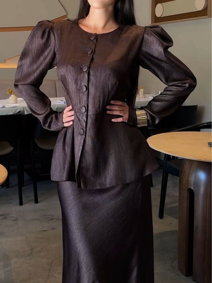 Round-Neck Buttoned Puff-Sleeve Skirt Suit