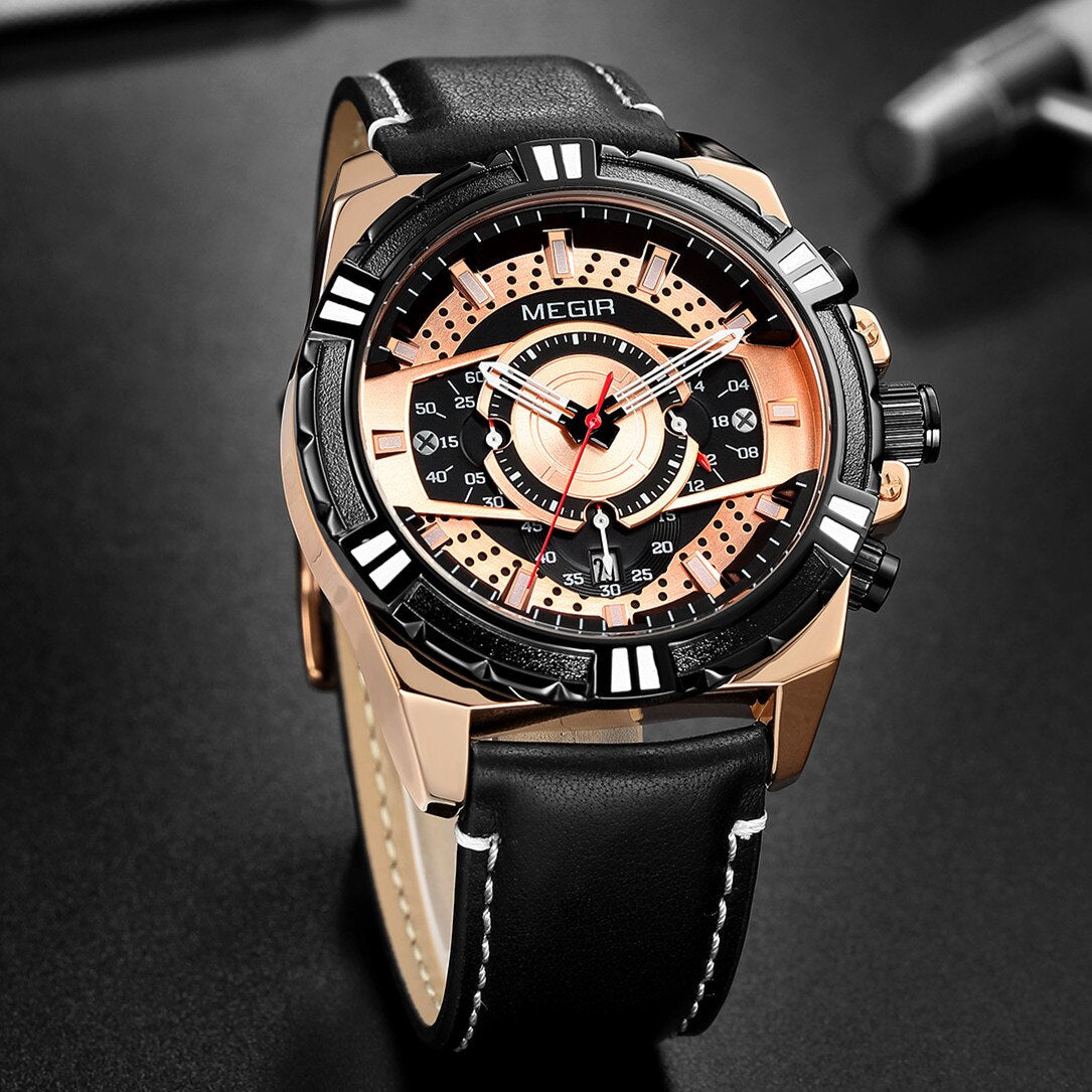 Luxury Sport Watch with Quartz Chronograph Leather for Military Spirit