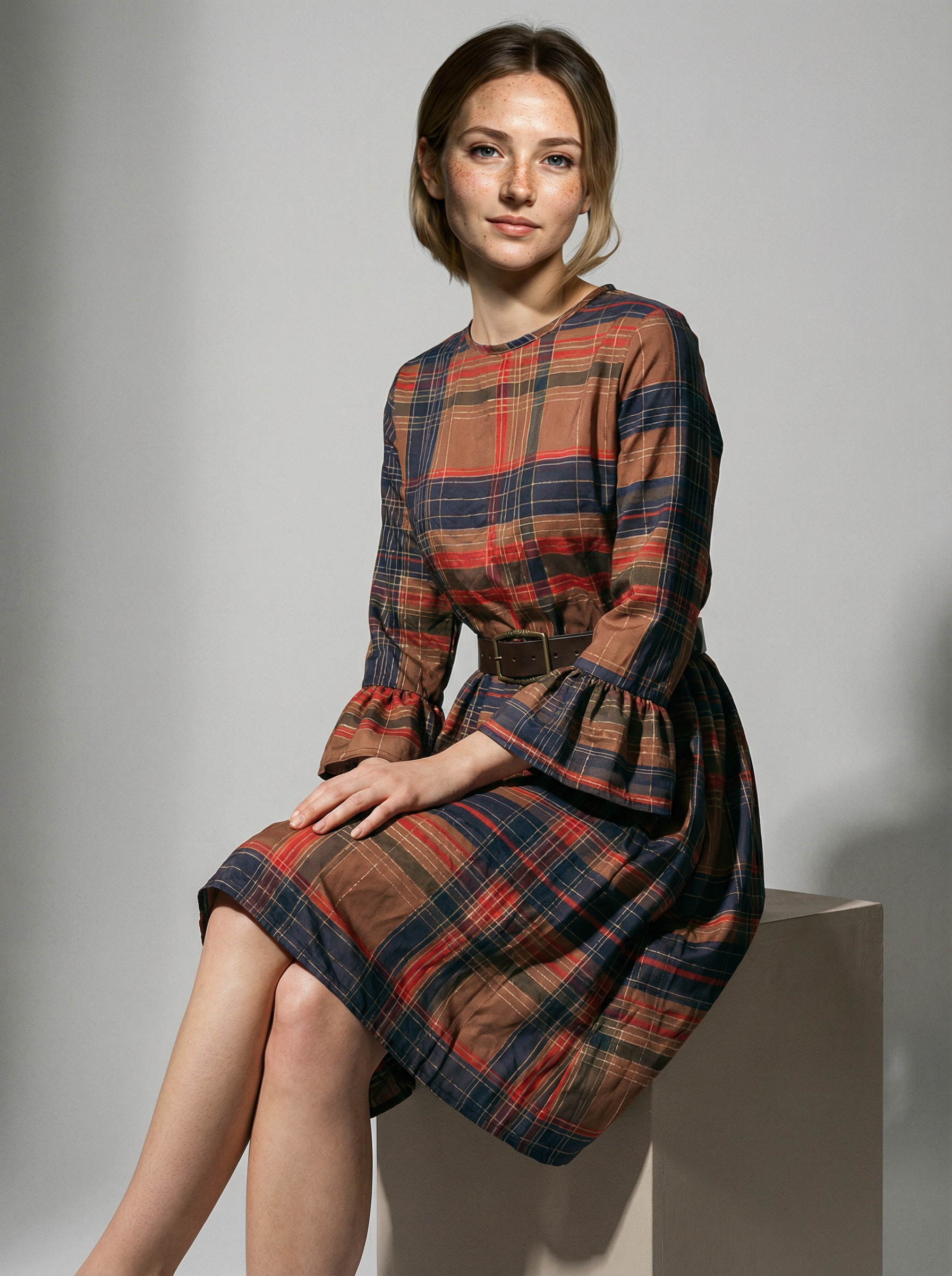 Midi round-neck dress draped with color blocks and plaid pattern (with belt)