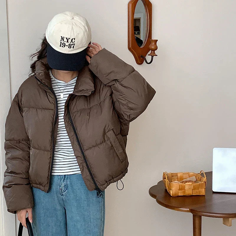 Women's Clothing - Casual Short Jacket with Stand Collar for a Trendy and Warm Style