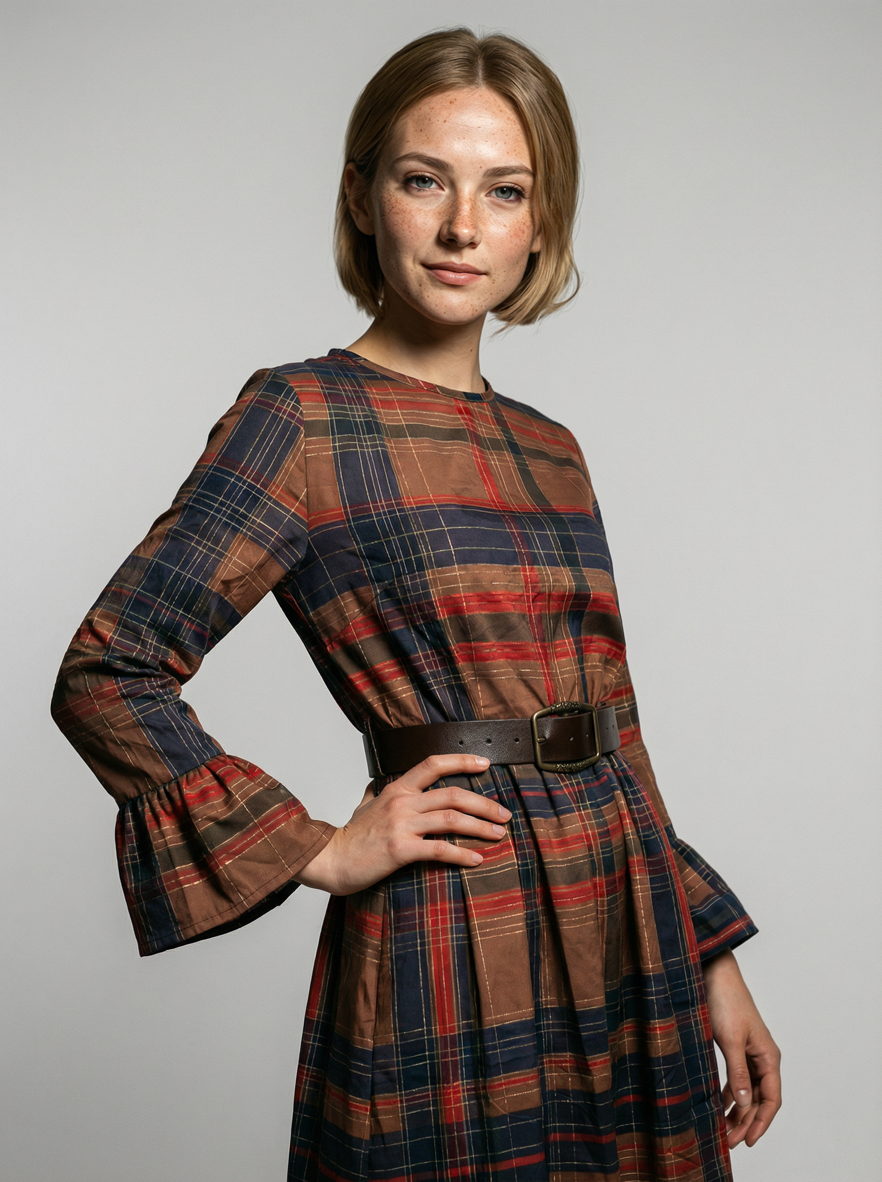 Midi round-neck dress draped with color blocks and plaid pattern (with belt)