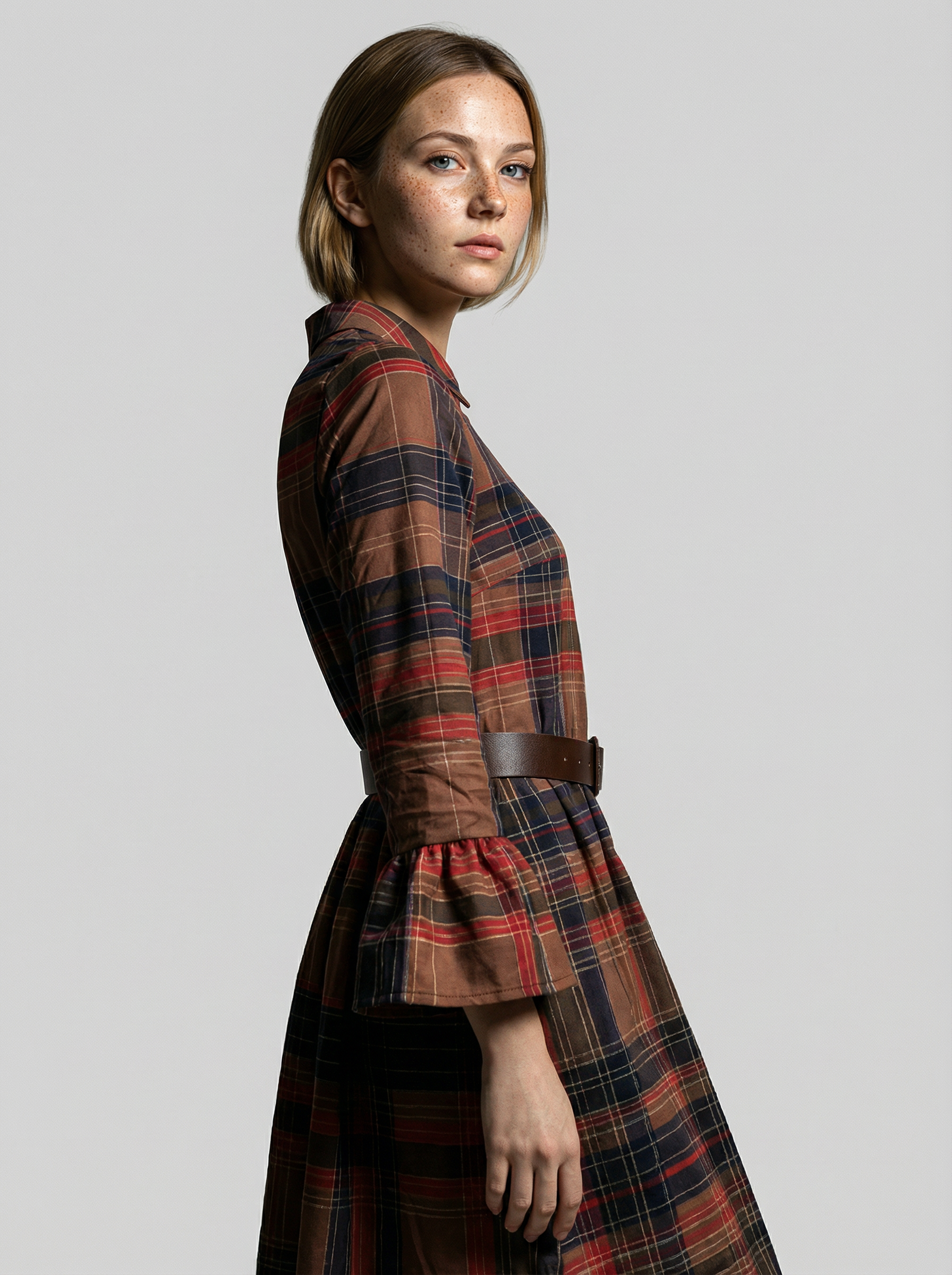 Midi round-neck dress draped with color blocks and plaid pattern (with belt)