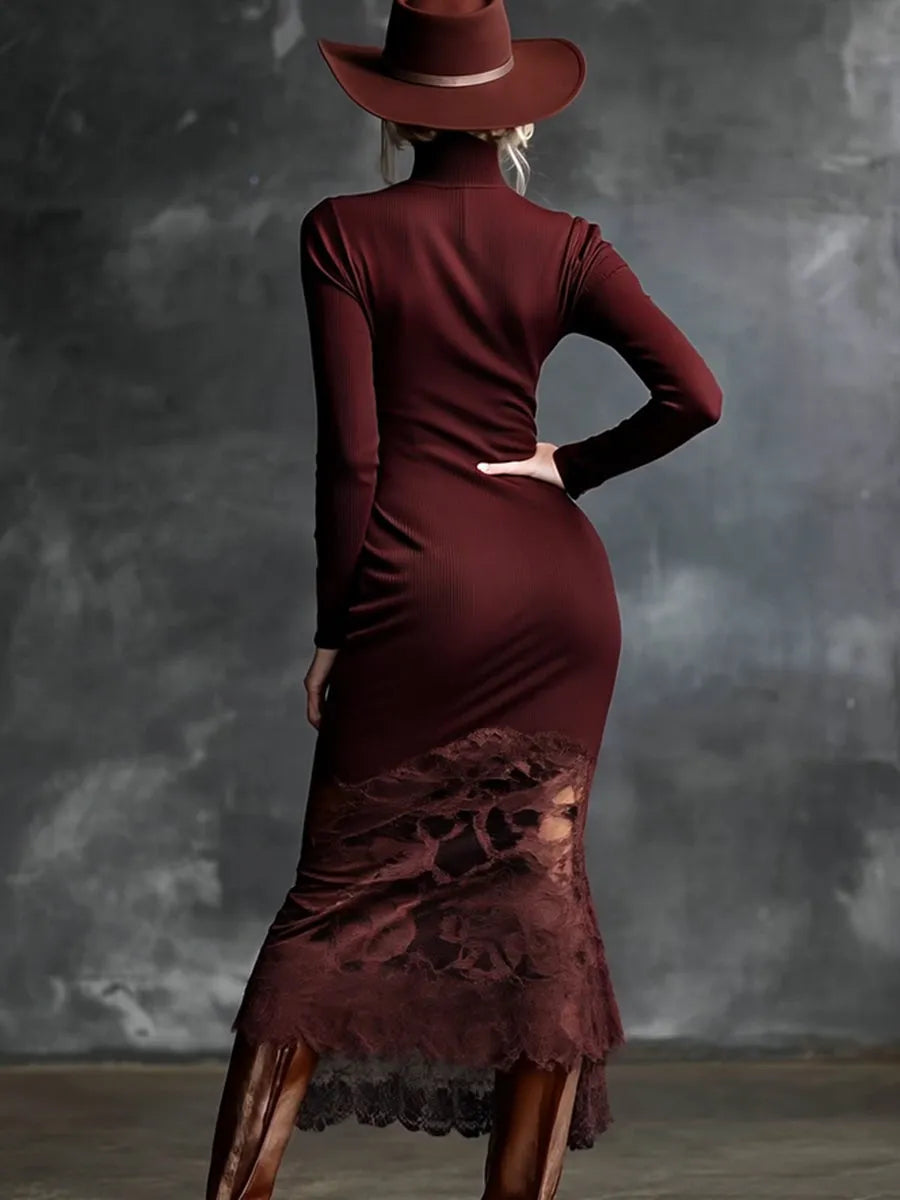 Chic Burgundy Maxi Dress with High Neck and Delicate Lace Hem