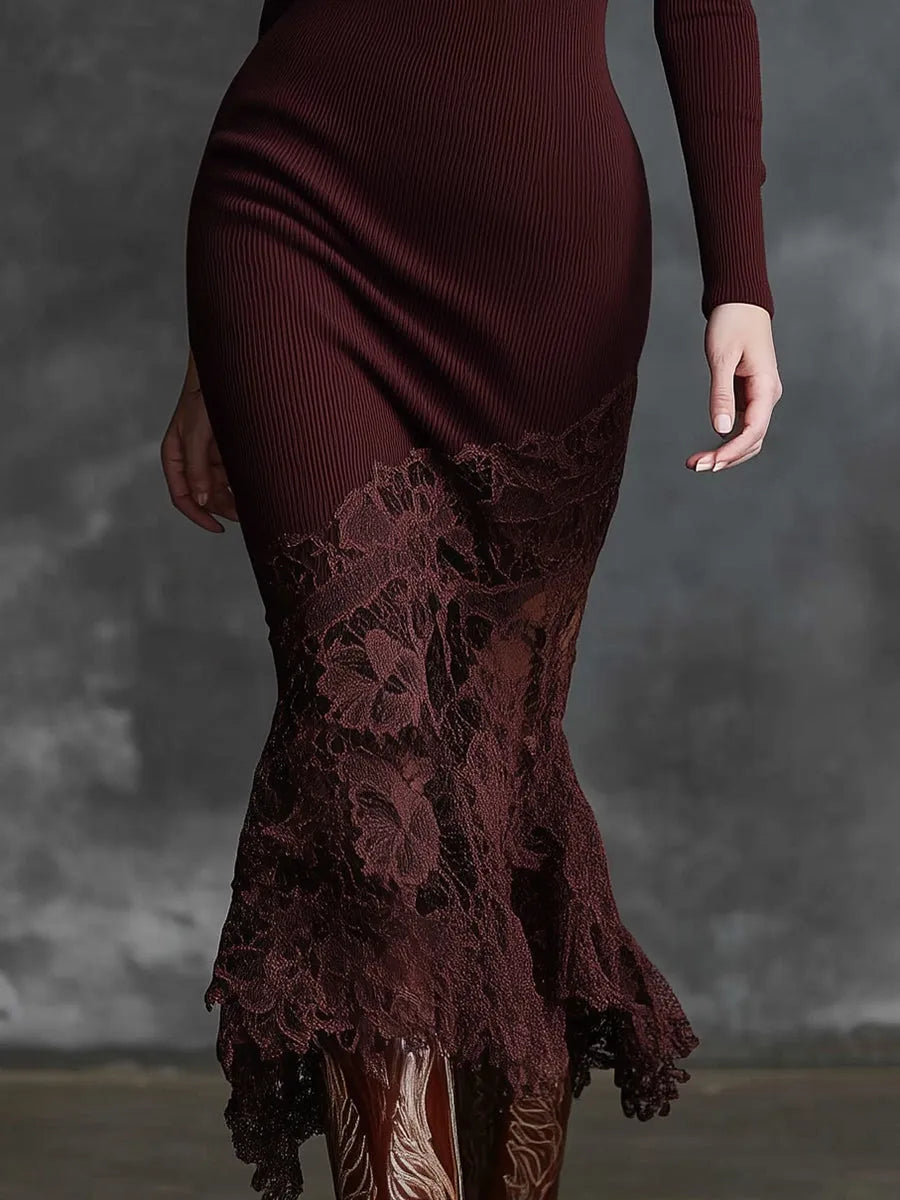 Chic Burgundy Maxi Dress with High Neck and Delicate Lace Hem