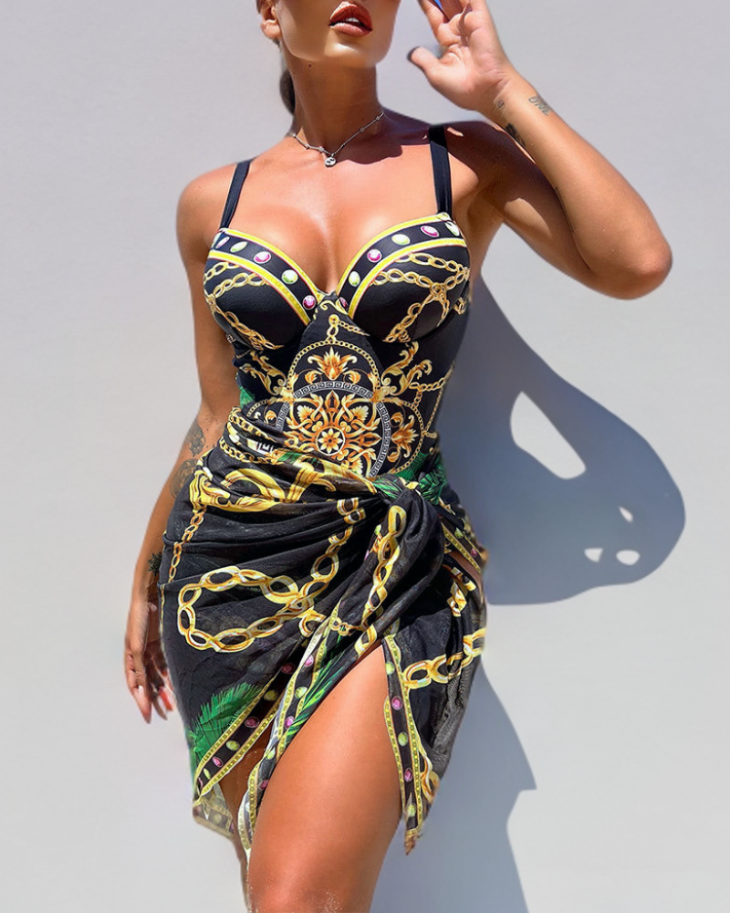 Elegant Swimsuit Set | Chain Detail One Piece & Skirt