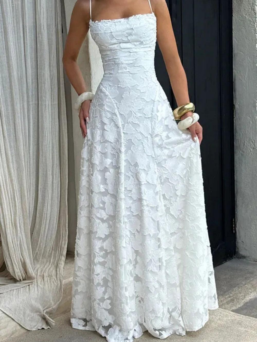 Elegant White Lace Long Dress with Spaghetti Straps