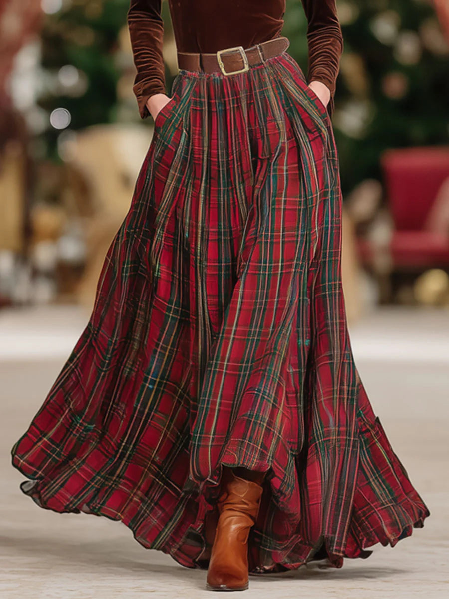 Chic V-Neck Lace Long-Sleeve Top & Red Plaid Skirt Set (Belt Included)