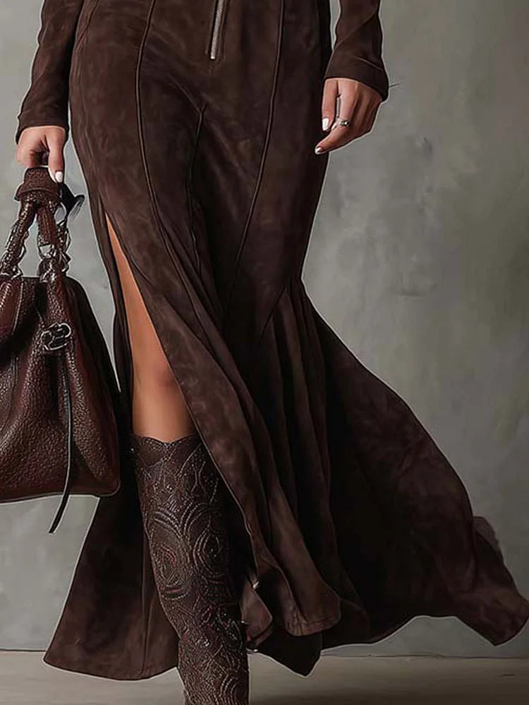 Vintage Long Brown Zip Dress with Belt - Timeless Elegance (Belt Included)