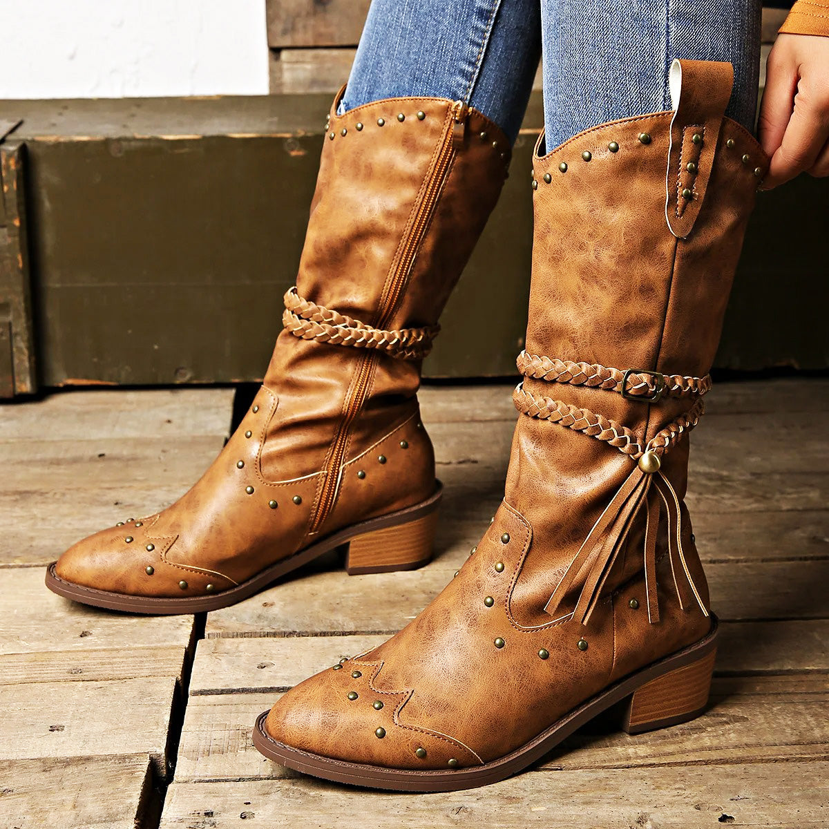 Women’s Western Boots - Faux Leather with Studded Details, Braided Strap, Pointed Toe