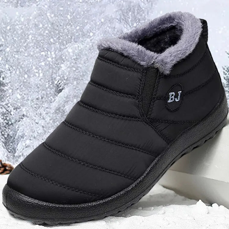 Waterproof Men's Shoes, Black Ankle Boots with Warm Fur Lining, Comfortable Easy Slip-On