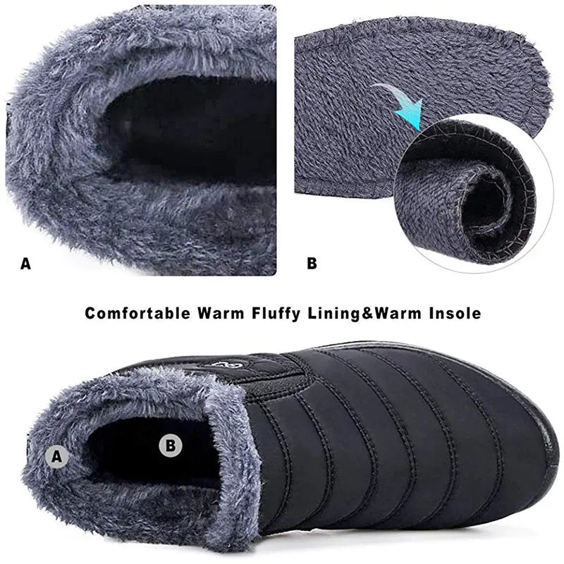 Waterproof Men's Shoes, Black Ankle Boots with Warm Fur Lining, Comfortable Easy Slip-On