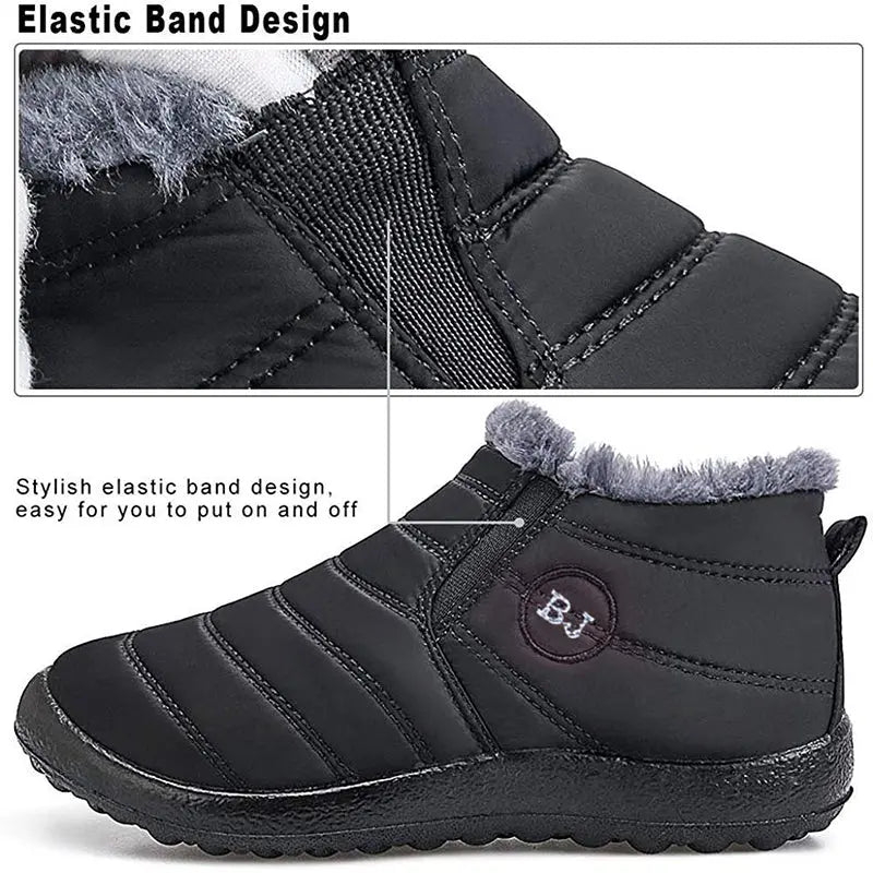 Waterproof Men's Shoes, Black Ankle Boots with Warm Fur Lining, Comfortable Easy Slip-On