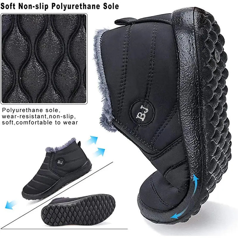 Waterproof Men's Shoes, Black Ankle Boots with Warm Fur Lining, Comfortable Easy Slip-On