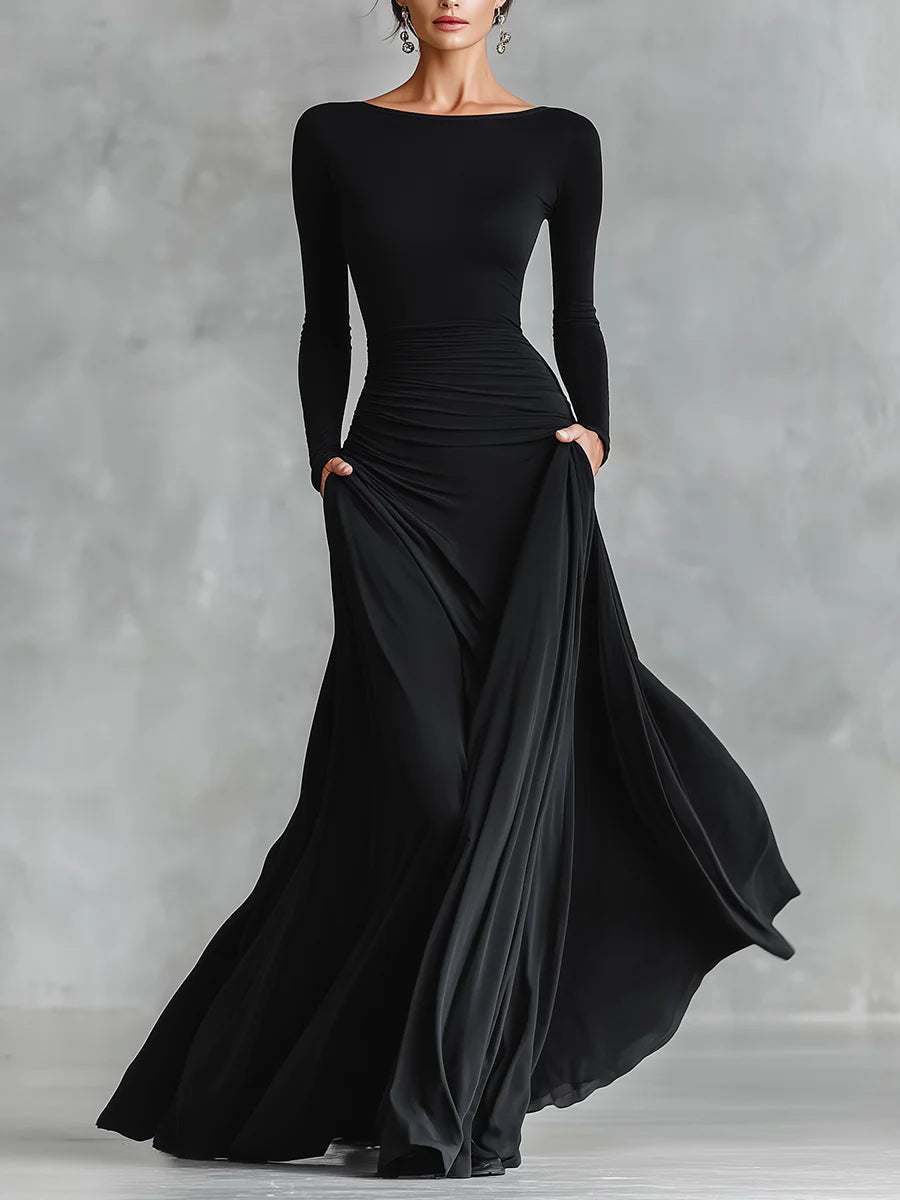 Elegant Black Crepe Pleated Boat Neck Maxi Dress for a Modern Look