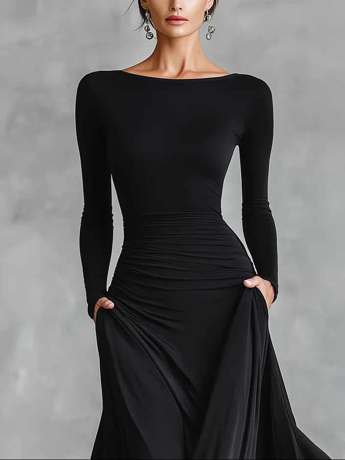 Elegant Black Crepe Pleated Boat Neck Maxi Dress for a Modern Look