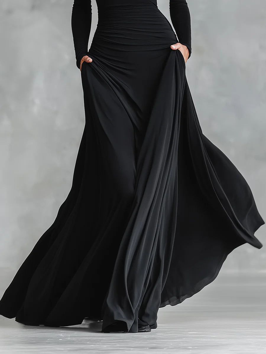 Elegant Black Crepe Pleated Boat Neck Maxi Dress for a Modern Look