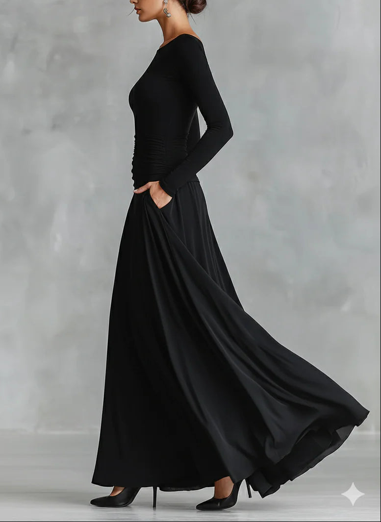 Elegant Black Crepe Pleated Boat Neck Maxi Dress for a Modern Look