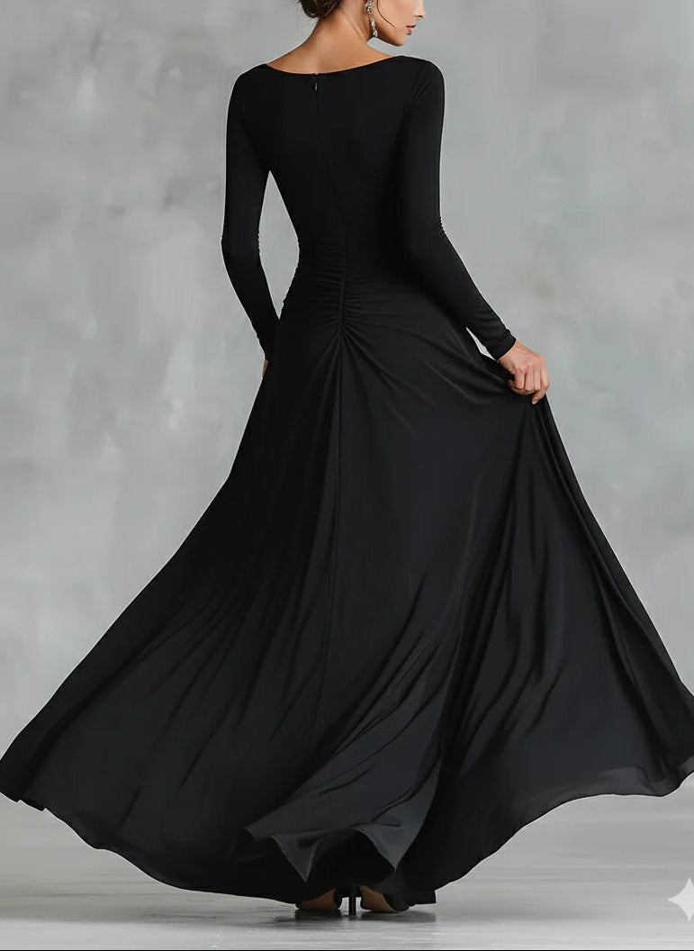 Elegant Black Crepe Pleated Boat Neck Maxi Dress for a Modern Look