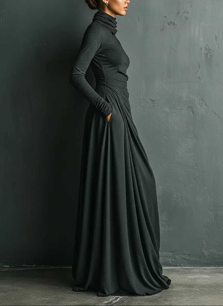 Elegant Stretch Polyester Cotton Blend Turtleneck Draped Maxi Dress