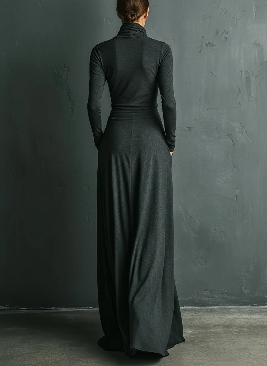 Elegant Stretch Polyester Cotton Blend Turtleneck Draped Maxi Dress