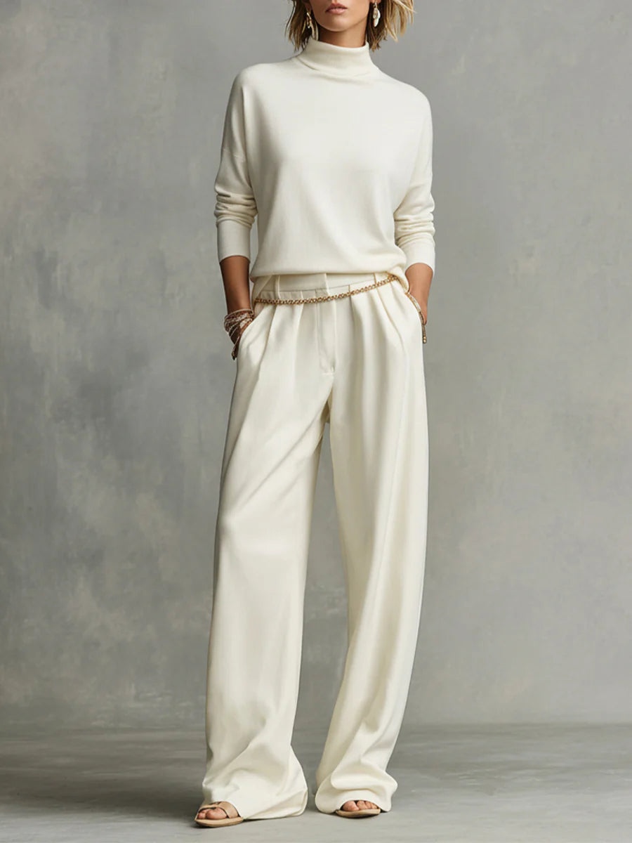 Luxuriously Soft Turtleneck Top & Flowing Wide-Leg Pants Set with Waist Chain