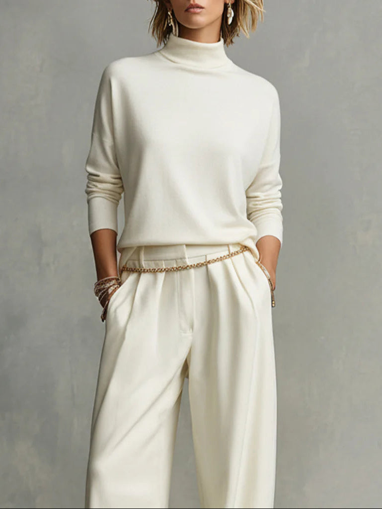 Luxuriously Soft Turtleneck Top & Flowing Wide-Leg Pants Set with Waist Chain
