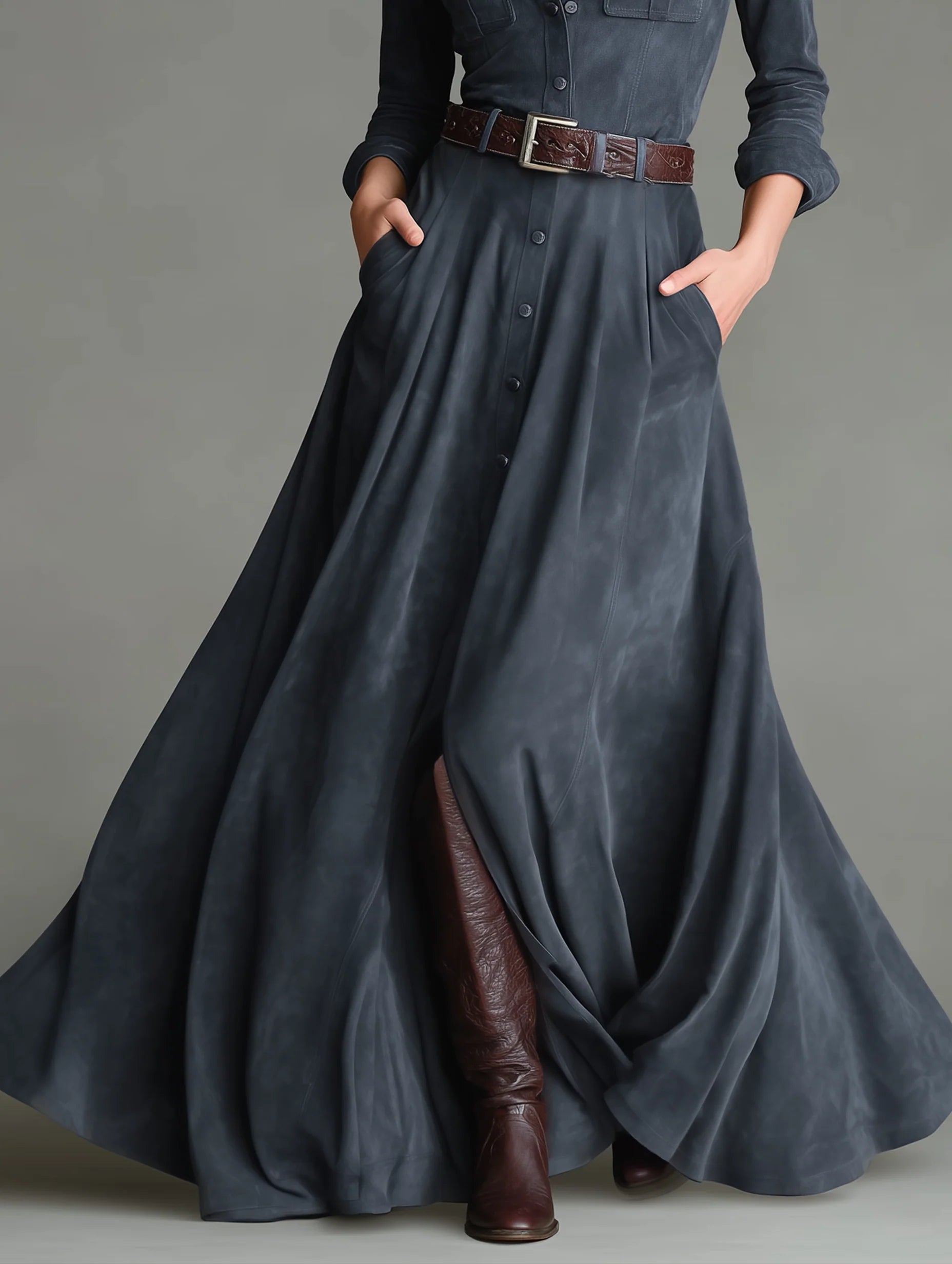 Elegant long suede-like dress with collar, tie waist, and single-button closure