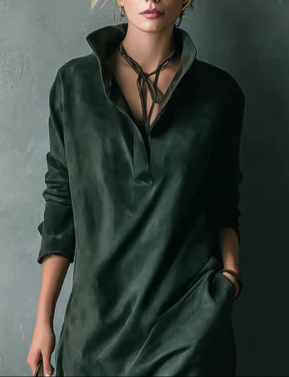 Green Suede Midi Dress with Long Sleeves and Open Collar