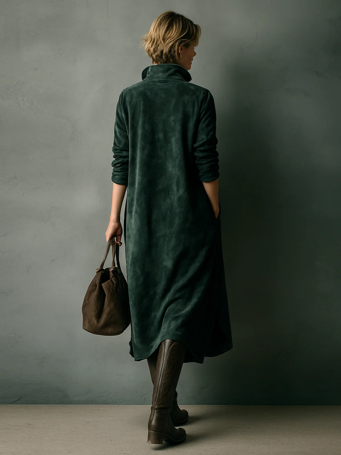 Green Suede Midi Dress with Long Sleeves and Open Collar