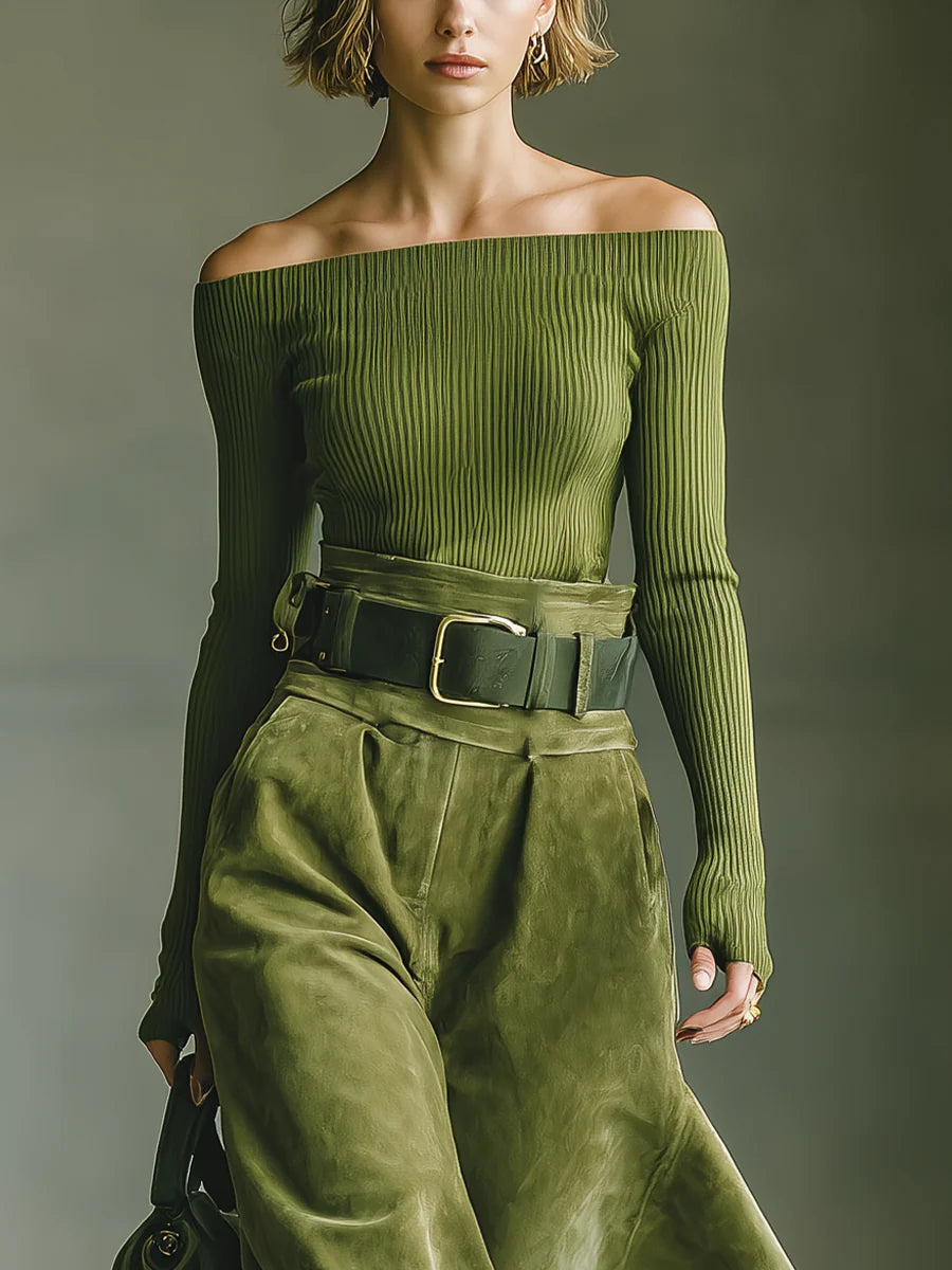 Chic Olive Green Off-Shoulder Top & Faux Suede Skirt Set with Belt