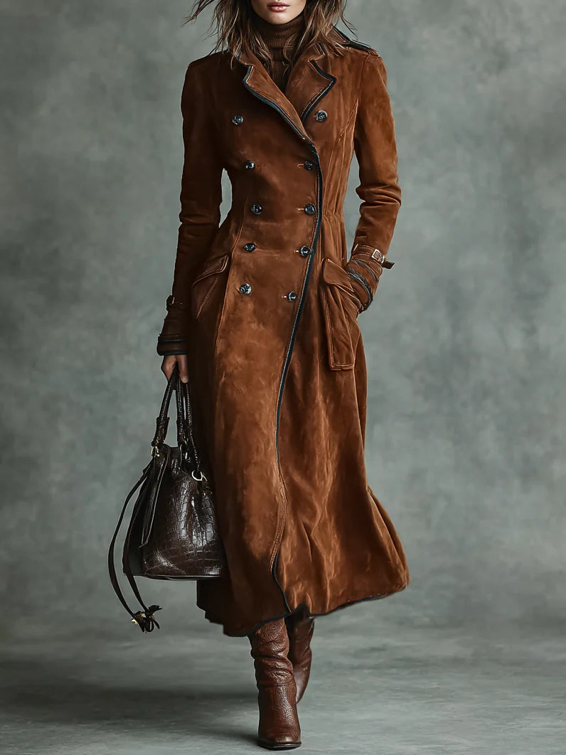 Coat with double-breasted collar and leather trim with black edging