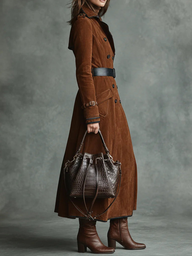 Coat with double-breasted collar and leather trim with black edging