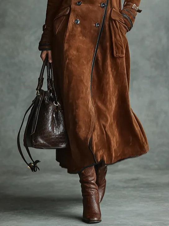 Coat with double-breasted collar and leather trim with black edging