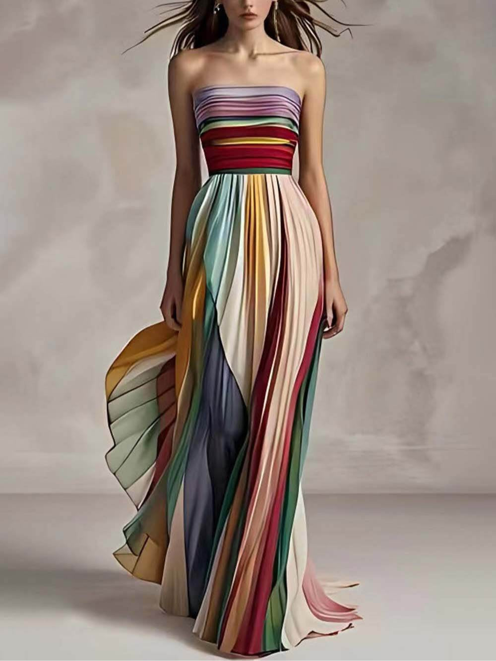 Elegant striped pleated long dress with off-the-shoulder design for a sophisticated look