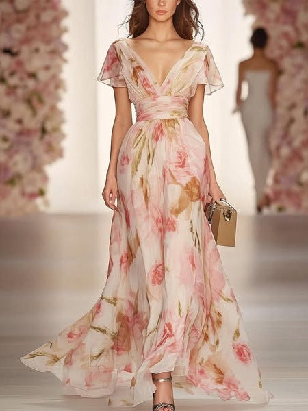 Casual Maxi Long Dress with Floral Print, V-Neck and Short Sleeves