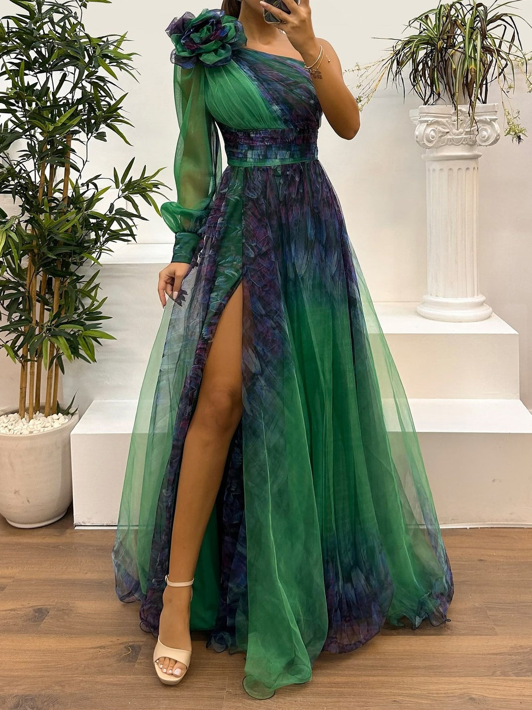 Maxi One-Shoulder Mesh Dress with Gradient Abstract Print