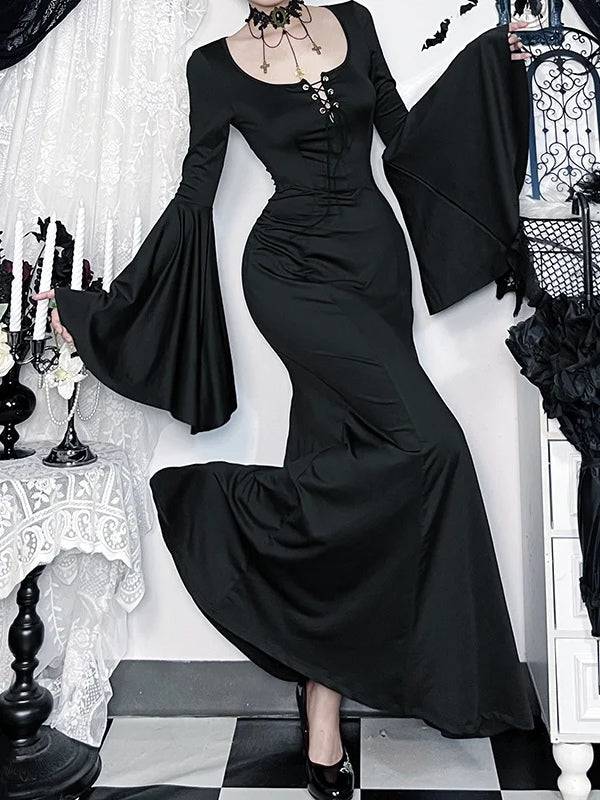 Elegant Gothic Lace Mermaid Long Dress with Straps and Bell Sleeves