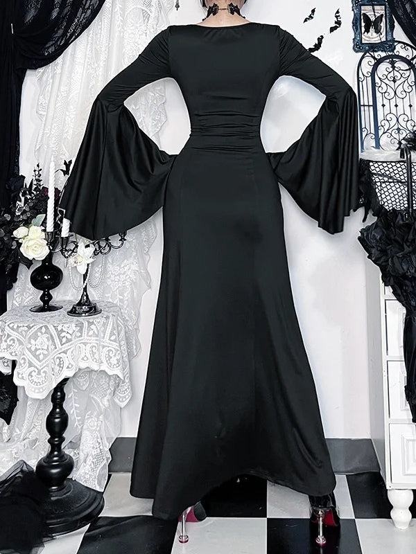 Elegant Gothic Lace Mermaid Long Dress with Straps and Bell Sleeves