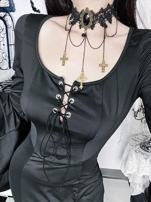 Elegant Gothic Lace Mermaid Long Dress with Straps and Bell Sleeves