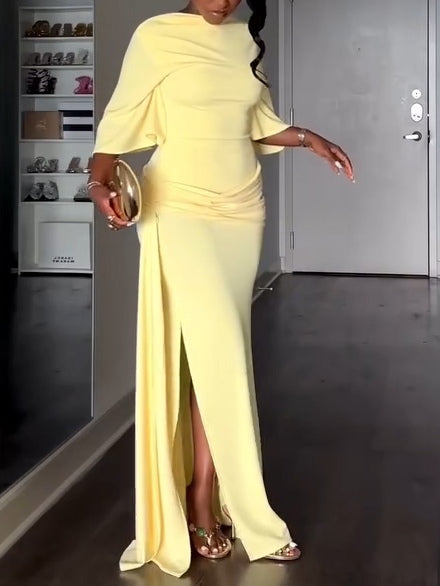 Elegant Yellow Maxi Dress with Cape and Backless Design