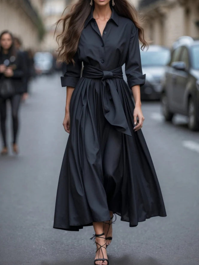 Elegant Maxi Dress with Long Sleeves and Shirt-Style Tie