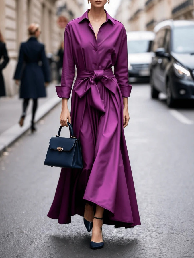Elegant Maxi Dress with Long Sleeves and Shirt-Style Tie