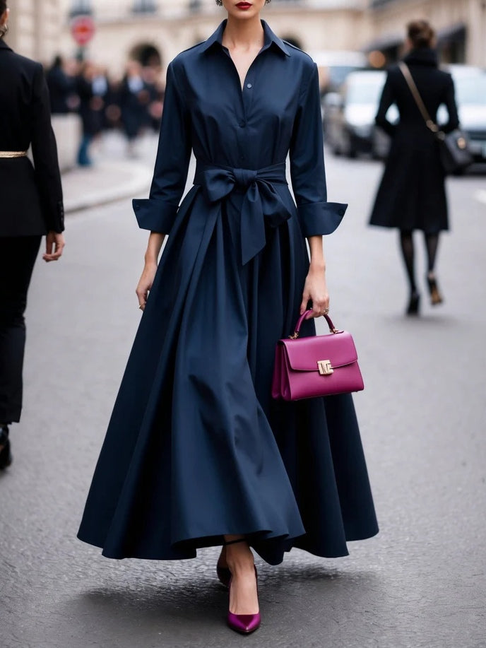 Elegant Maxi Dress with Long Sleeves and Shirt-Style Tie